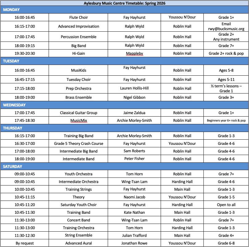 AYMC Spring Timetable