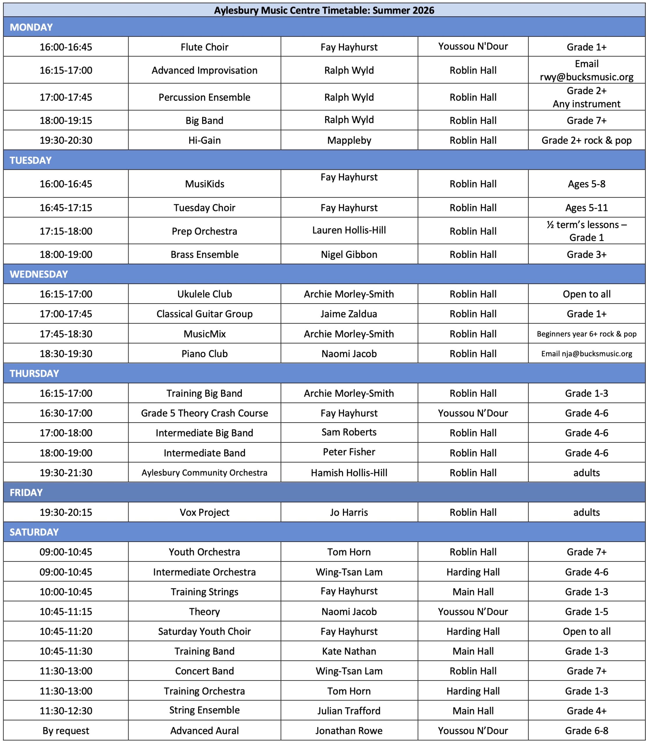 AYMC Summer Timetable